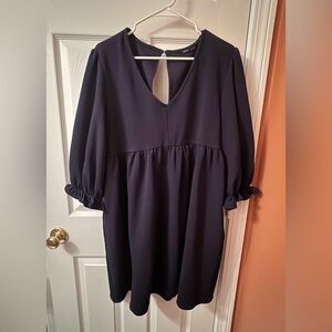 SHEIN Navy V-Neck Puff Sleeve Babydoll Dress